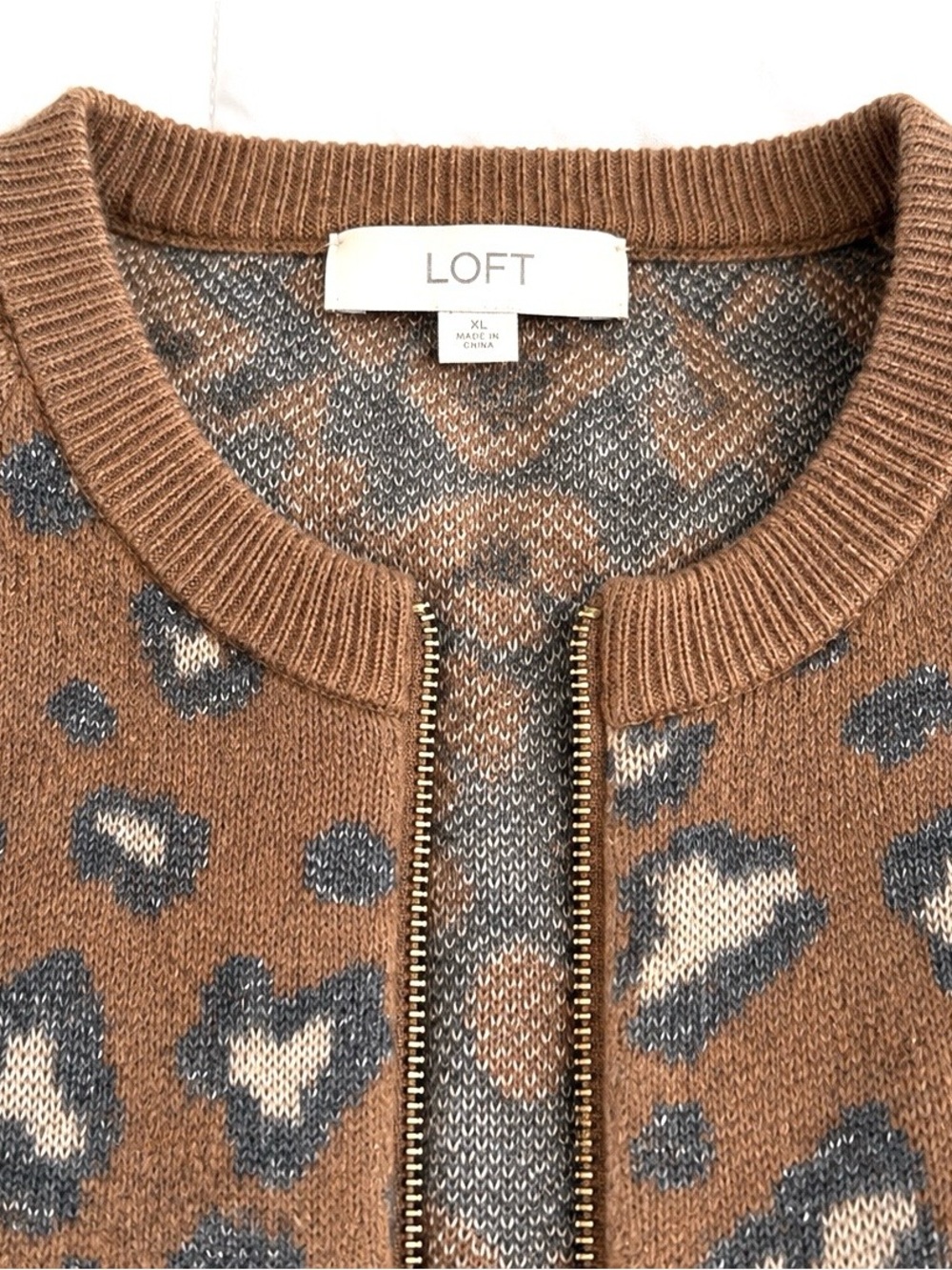 LOFT Camel and Gray Leopard Zip Cardigan